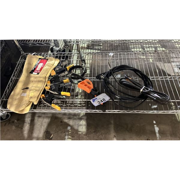 SPRING CLAMPS, WELDING GLOVES, RUBBER STRAP WRENCHES, EXTENSION CORD (ONE END IS STRIPPED) & MORE