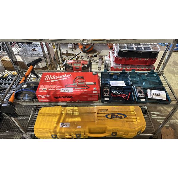 MILWAUKEE CORDLESS GREASE GUN, KNEE PADS, MANUAL AIR PUMP, (2) MASTERCRAFT MULTIMETERS & MILWAUKEE