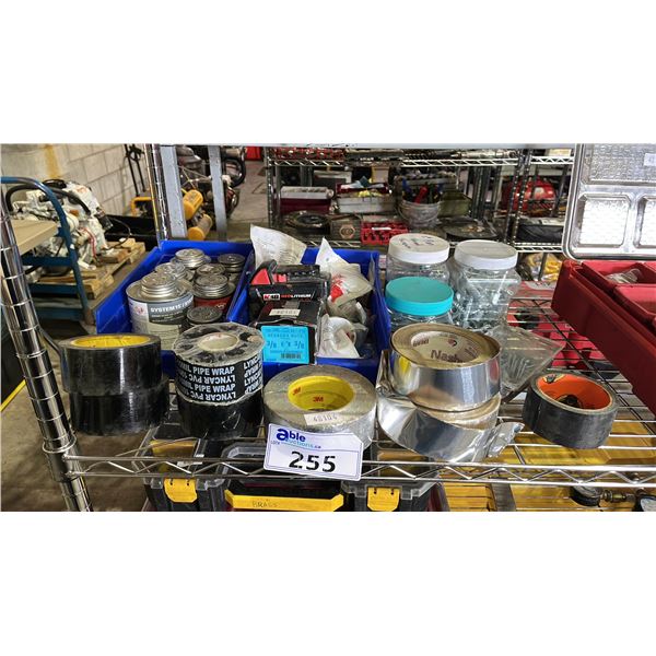 ASSORTED PVC CEMENT, PVC PIPE WRAP TAPE, FOIL TAPE & CONTAINERS OF ASSORTED SCREWS