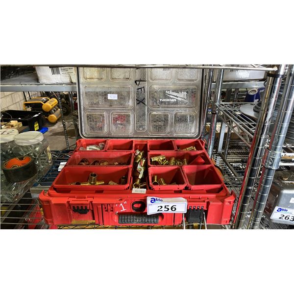 MILWAUKEE PACKOUT TOOL BOX CONTAINING ASSORTED BRASS PIPE FITTINGS