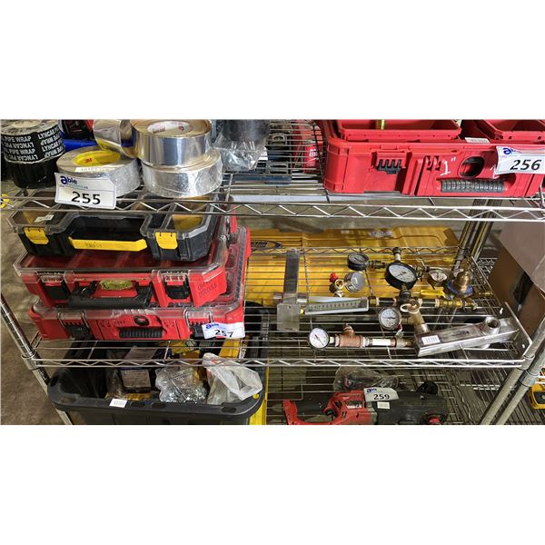 SHELF OF ASSORTED FLAT TOOLBOX & ASSORTED GAUGES