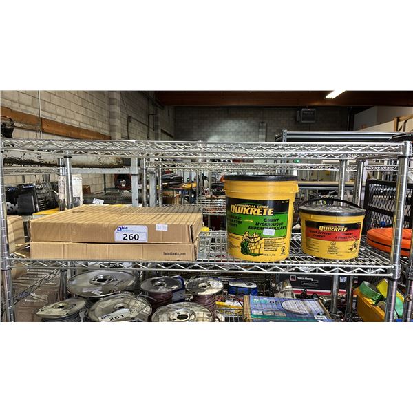 (2) BEMIS TOILET SEATS, 9.1KG BIN OF HYDRAULIC WATER-STOP CEMENT & 4.5KG BIN OF QUICK-SETTING