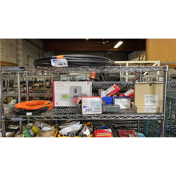 STEEL FISH TAPE, ASSORTED HONEYWELL THERMOSTATS, ASSORTED WAX BOWL RINGS & MITSUBISHI AIR