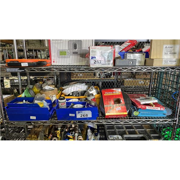 SHELF OF FOAM INSULATION TAPE, WATER HEATER RESTRAINTS, ASSORTED TAPE, PLUMBER'S PUTTY & MORE