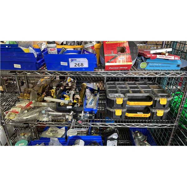 SHELF OF PLUMBING SUPPLIES & (2) STACK ON TOOL BOXES INCLUDING: SLIP JOINT NUTS, BRASS FITTINGS,