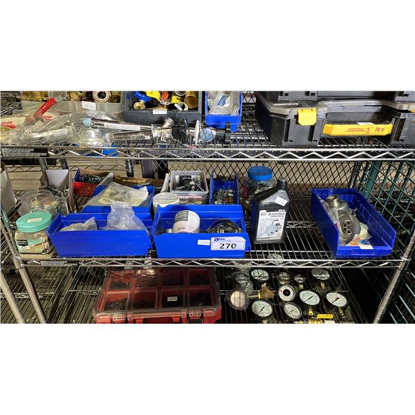 SHELF OF RING CLAMPS, ASSORTED SCREWS, VACUUM PUMP OIL, SINK BASKET STRAINERS & MORE