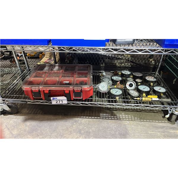 SHELF OF ASSORTED GUAGES & MILWAUKEE STACKING TOOL BOX OF ASSORTED PLASTIC PIPE CLAMPS