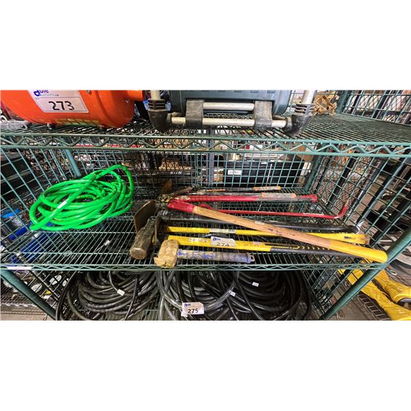 GARDEN HOSE, MALLETS, PICK MATTOCKS, TREE & SHRUB PRUNER & CROW BAR