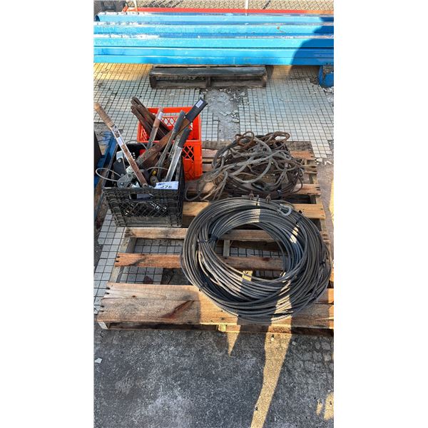 PALLET OF COME-ALONGS, WINCH WIRE, LIFTING CABLES & MORE