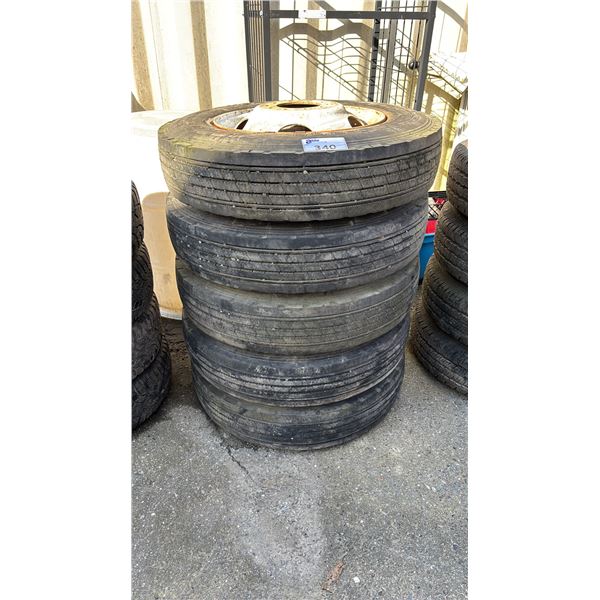 SET OF 5 HERCULES S-209 8R19.5 124/122 M 12PR/LRF TIRES MOUNTED ON 10 BOLT METAL RIMS