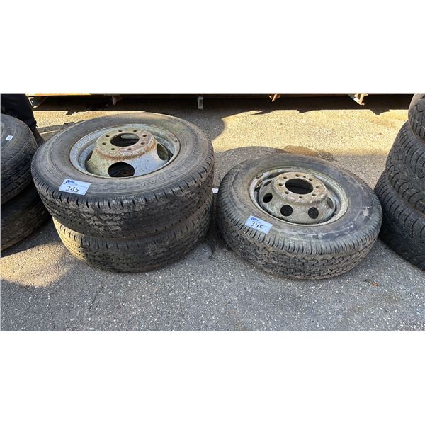 SET OF 2 FIRESTONE STEELTEX RADIAL R4S LT225/75R16 TIRES MOUNTED ON 8 BOLT METAL RIMS & MICHELIN