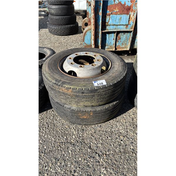 SET OF 2 HERCULES H-902 245/70R19.5 TIRES MOUNTED ON 8 BOLT METAL RIMS