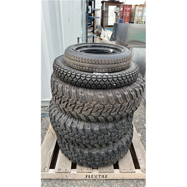 (5) ASSORTED TIRES: FIRESTONE MOTORCYCLE TIRE, GOODYEAR DONUT WHEEL, ANTARES LT285/70R17 & MORE