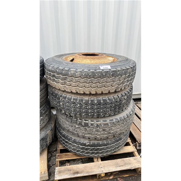 PALLET OF (4) 11R24.5 TIRES ON METAL 10 BOLT RIMS