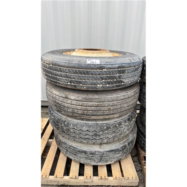 PALLET OF (4) 11R24.5 TIRES MOUNTED ON METAL 10 BOLT RIMS