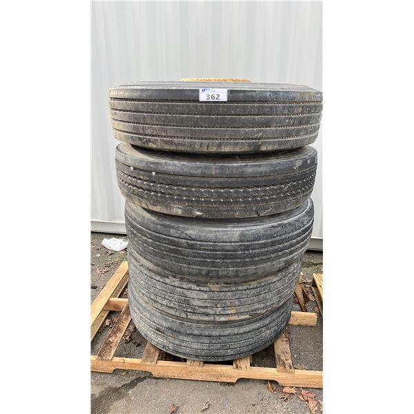 PALLET OF (5) 11R24.5 TIRES MOUNTED ON METAL 10 BOLT RIMS