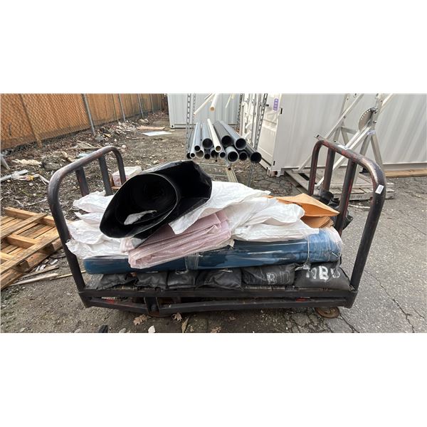 ROLLING METAL CART & CONTENTS: WOVEN POLYPROPYLENE BAGS, PLASTIC SHEETING & MORE