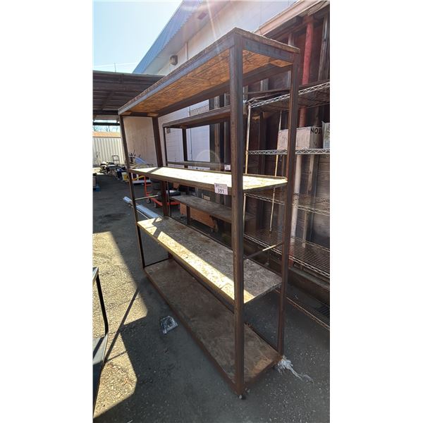 4 TIER METAL ROLLING METAL RACK WITH WOOD SHELVES: APPROX. 71.5"W X 75.5"T X 16"D