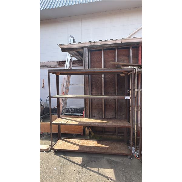 4 TIER METAL ROLLING METAL RACK WITH WOOD SHELVES: APPROX. 71.5"W X 75.5"T X 16"D