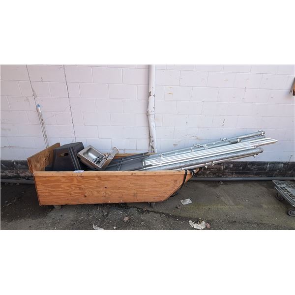 WOOD ROLL CART & CONTENTS: SINK, SMALL STOOL, ASSORTED STEEL PIPES & MORE