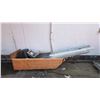 Image 1 : WOOD ROLL CART & CONTENTS: SINK, SMALL STOOL, ASSORTED STEEL PIPES & MORE