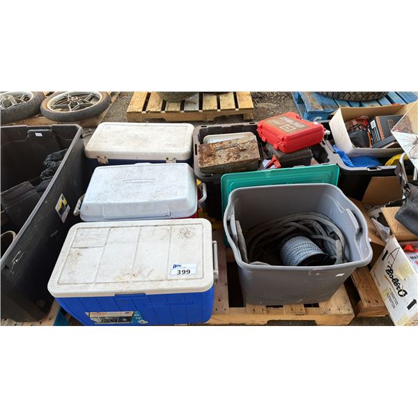 PALLET OF ASSORTED COOLERS, AMMUNITION BOX, EMPTY TOOL BOXES & MORE *MUST TAKE ALL ON PALLET*