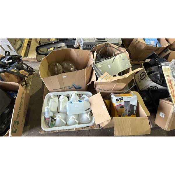 PALLET OF ASSORTED ITEMS INCLUDING LARGE VINTAGE GLASS LIGHT BULBS, SANITIZING GEL , HEADLIGHTS AND