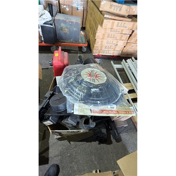 PALLET OF ASSORTED ITEMS INCLUDING WHEEL PROTECTOR COVERS, EXHAUST FAN MOTORS AND PORTABLE FUEL