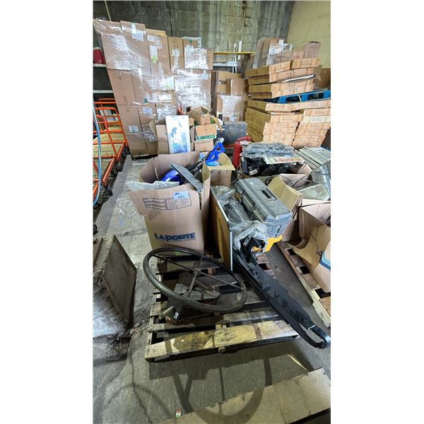 PALLET OF ASSORTED ITEMS INCLUDING AUTOMOTIVE PARTS, EMPTY TOOL BOXES, SNOW SHOVELS AND MORE