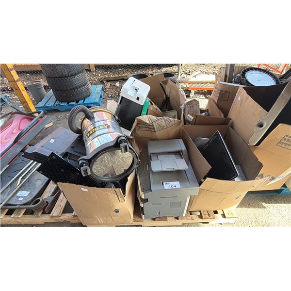 PALLET OF ASSORTED GOODS: STANLEY VACUUM, LASER PRINTER, COMPUTER MONITORS & MORE *MUST TAKE ALL