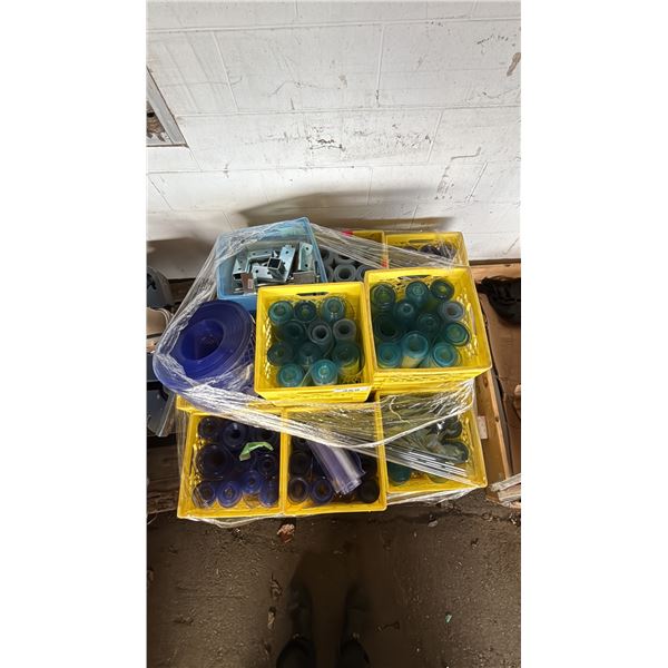 PALLET OF ASSORTED ITEMS INCLUDING; ROLLS OF VINYL, METAL CORNER FEET & MORE