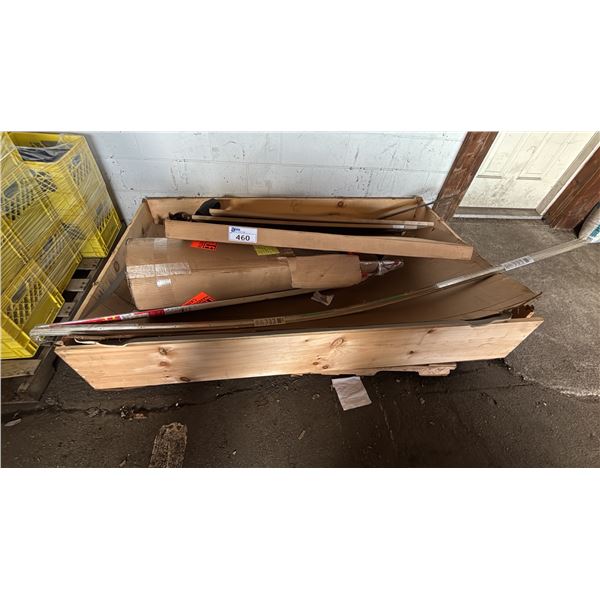PALLET OF ASSORTED ITEMS INCLUDING; DOOR TRANSITION, WOOD CABINET DOORS, TIN & MORE
