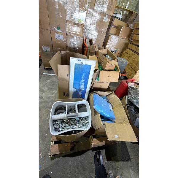 PALLET OF ASSORTED ITEMS INCLUDING BOX OF DISPOSABLE ISOLATION GROWN, STEREOS AND MORE