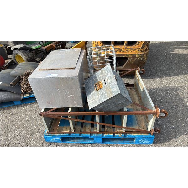 PALLET OF ASSORTED METAL ITEMS INCLUDING; PORTABLE SHELVING UNIT, CAGE BOX, STORAGE BOX & MORE