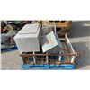 Image 1 : PALLET OF ASSORTED METAL ITEMS INCLUDING; PORTABLE SHELVING UNIT, CAGE BOX, STORAGE BOX & MORE