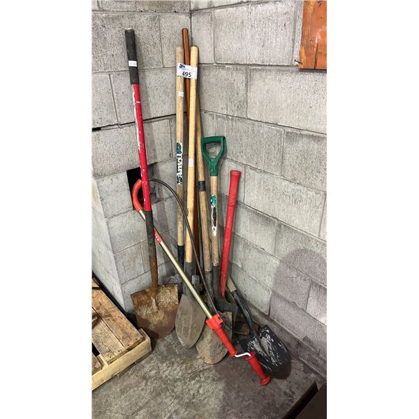ASSORTED TOOLS INCLUDING; SHOVELS, PICKAXE, BROOM & MORE