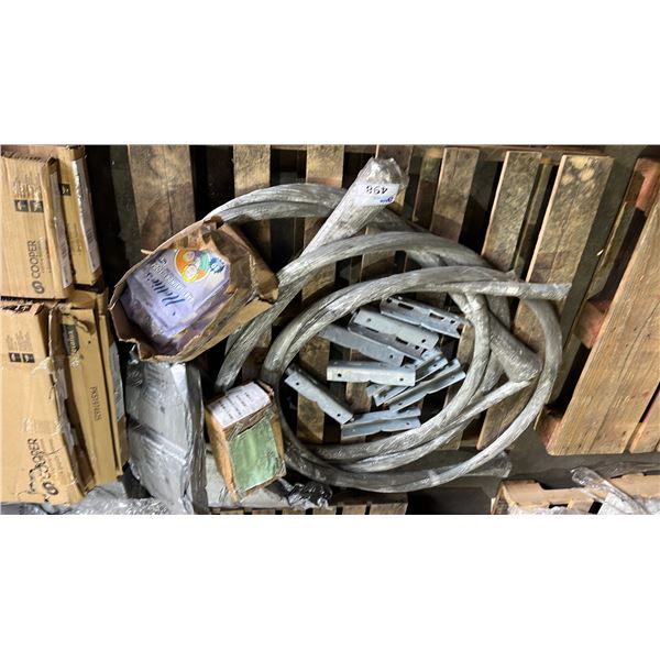 PALLET OF ASSORTED ITEMS INCLUDING; METAL BRACKETS, GALVANIZED STEEL WIRE, NELLIE'S BABY LAUNDRY