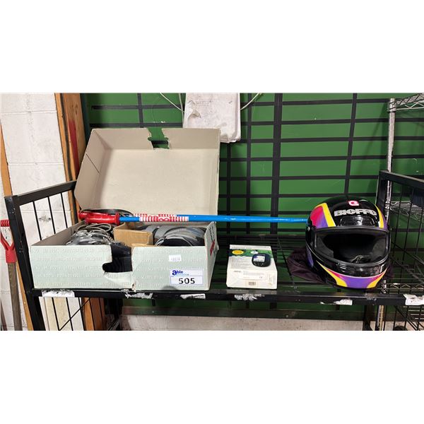 SHELF OF ASSORTED ITEMS INCLUDING; SKI POLES & BOOTS, MOTORCYCLE HELMET & MAGELLAN EXPLORIST 600