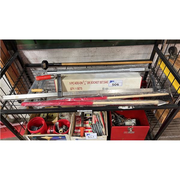SHELF OF ASSORTED ITEMS INCLUDING; HANDHELD MAGNET, CLAMPS, WARNING FLAGS & MORE