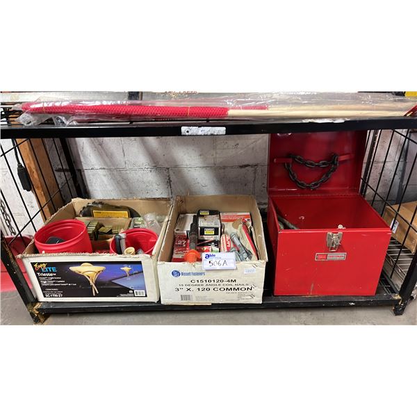 SHELF OF ASSORTED ITEMS INCLUDING; SIMPSON STRONG TIES, STAPLES, CHAIN & MORE