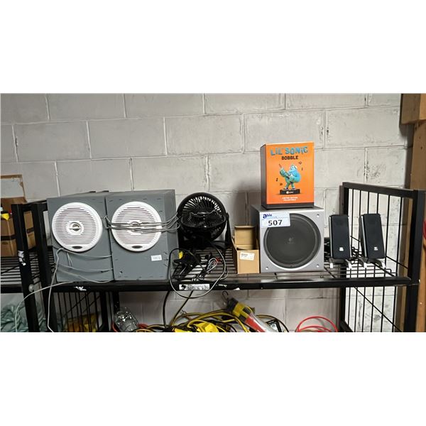 SHELF OF ASSORTED ITEMS INCLUDING; LOGITECH SPEAKER SYSTEM, CLARION MARINE SPEAKERS, DESK FANS &