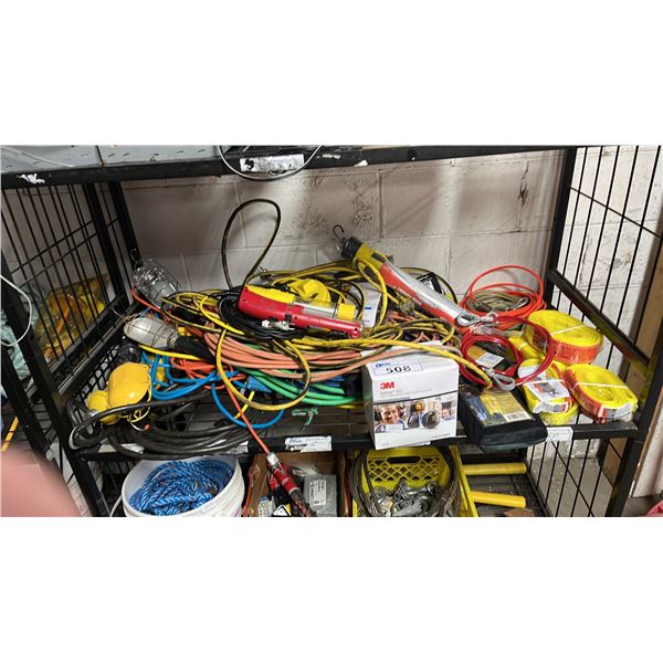 SHELF OF ASSORTED ITEMS INCLUDING; EXTENSION CORDS, SLINGS, 3M EAR PROTECTION & MORE