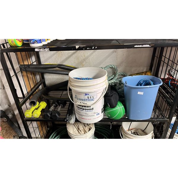 SHELF OF ASSORTED ITEMS INCLUDING; ROPE, WEIGHTS, DOG TIE OUT & STAKE COLLECTION & MORE