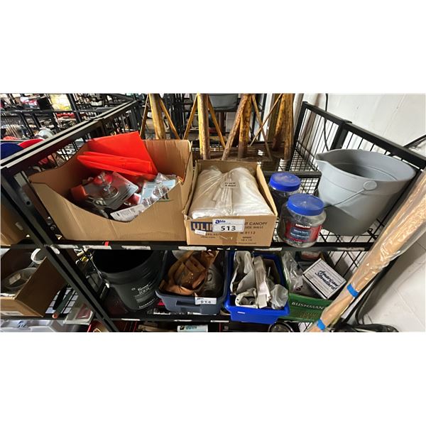 SHELF OF ASSORTED ITEMS INCLUDING; HARDWARE, MAGNETIC FLAG HOLDERS, U-LINE CANOPY SIDE WALLS & MORE