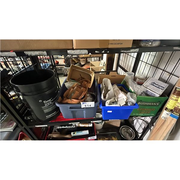 SHELF OF ASSORTED ITEMS INCLUDING; TOOL BELT, DRILL BITS, WASHERS, HARDWARE & MORE