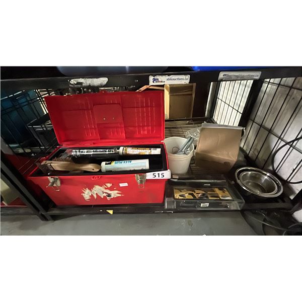 SHELF OF ASSORTED ITEMS INCLUDING; TOOLBOX WITH CAULKING CONTENTS, ADVANCED TIMING LIGHT, HEAVY