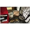 Image 3 : SHELF OF ASSORTED ITEMS INCLUDING; TOOLBOX WITH CAULKING CONTENTS, ADVANCED TIMING LIGHT, HEAVY