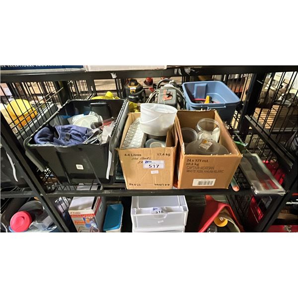 SHELF OF ASSORTED ITEMS INCLUDING; GARDEN TOOLS, RIVET TOOL, BATTERY HYDROMETER & MORE