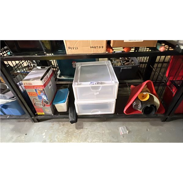 SHELF OF ASSORTED ITEMS INCLUDING; FUNNELS, 1 DRAWER ORGANIZERS, FIRE ESCAPE LADDER & MORE