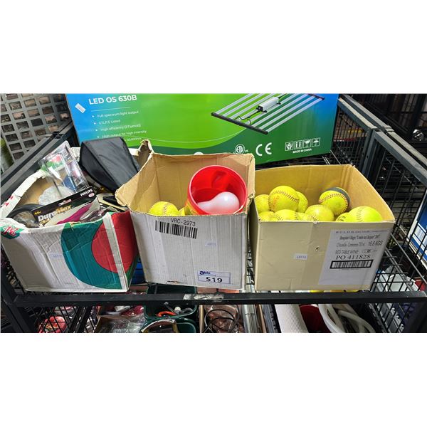 SHELF OF ASSORTED ITEMS INCLUDING; SOFTBALLS, LIGHTING & MORE